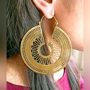 Handmade Boho Brass Large Round Mandala Earrings - Gold